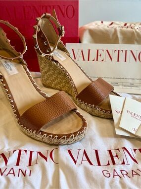 Valentino Brown Leather Stud-Ankle Espadrille Wedge Sandals